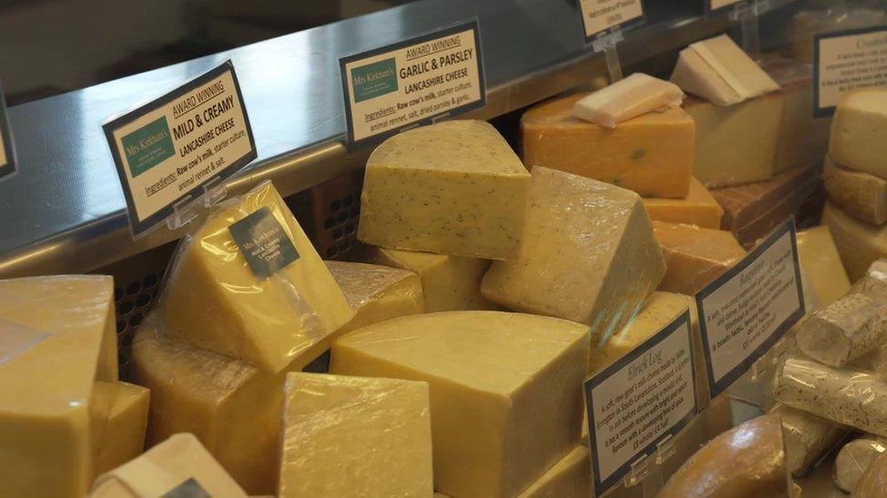 Blocks of Mrs Kirkham's Lancashire cheese on display