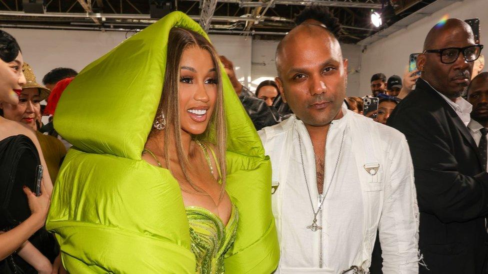 Cardi B and Gaurav Gupta attend the Gaurav Gupta Haute Couture Fall/Winter 2023/2024 show as part of Paris Fashion Week on July 06, 2023 in Paris, France