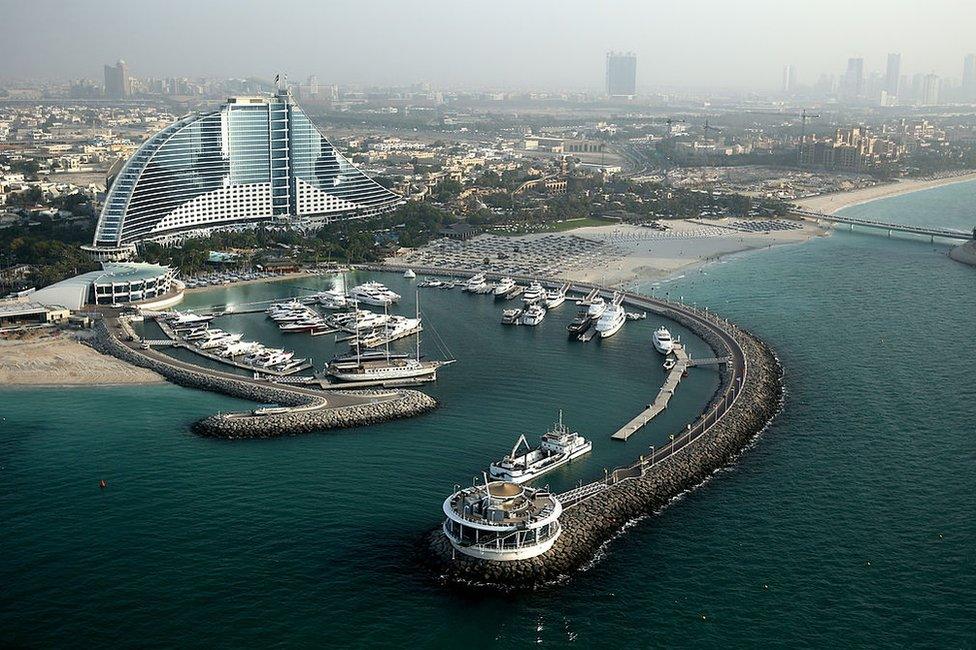 Aerial view of the Jumeirah Beach hotel on September 17, 2014 in Dubai, United Arab Emirates