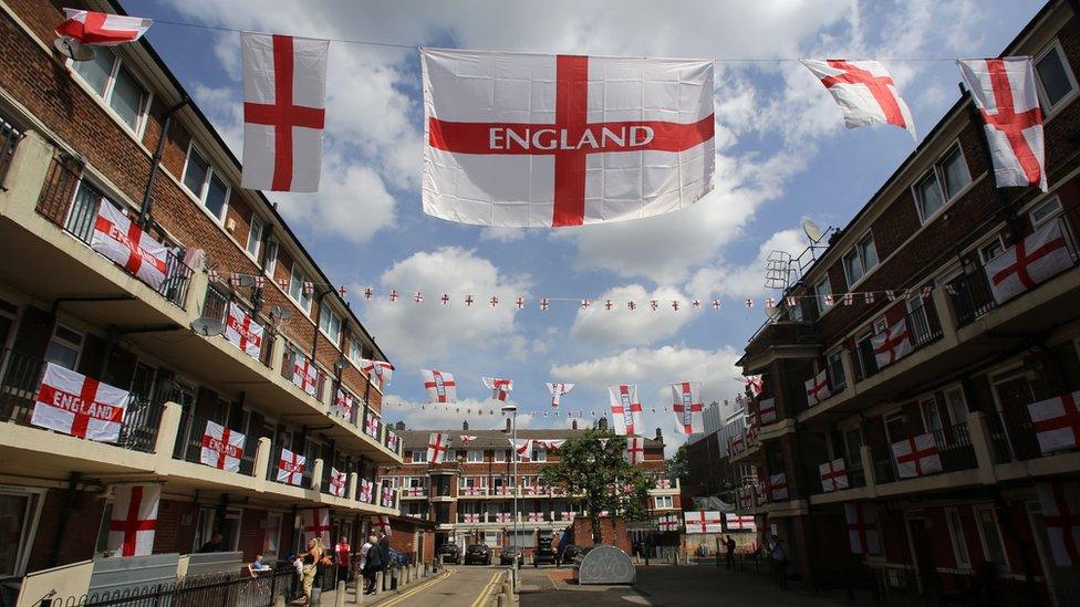 England flags at Kirby Estate in Bermondsey