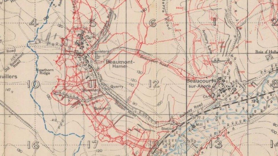 British war map showing the Beaumont-Hamel area