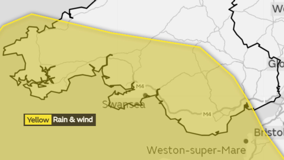 Map showing the warning for Friday covering much of southern Wales