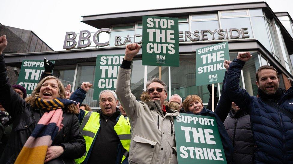 Striking BBC Local staff picket outside BBC Radio Merseyside in Liverpool, Britain, 15 March 2023. BBC Local workers in the National Union of Journalists (NUJ) have timed their strike to affect coverage of the Chancellor's Spring Budget in a row over reductions of local radio services and plans for stations to share programming on weekdays.