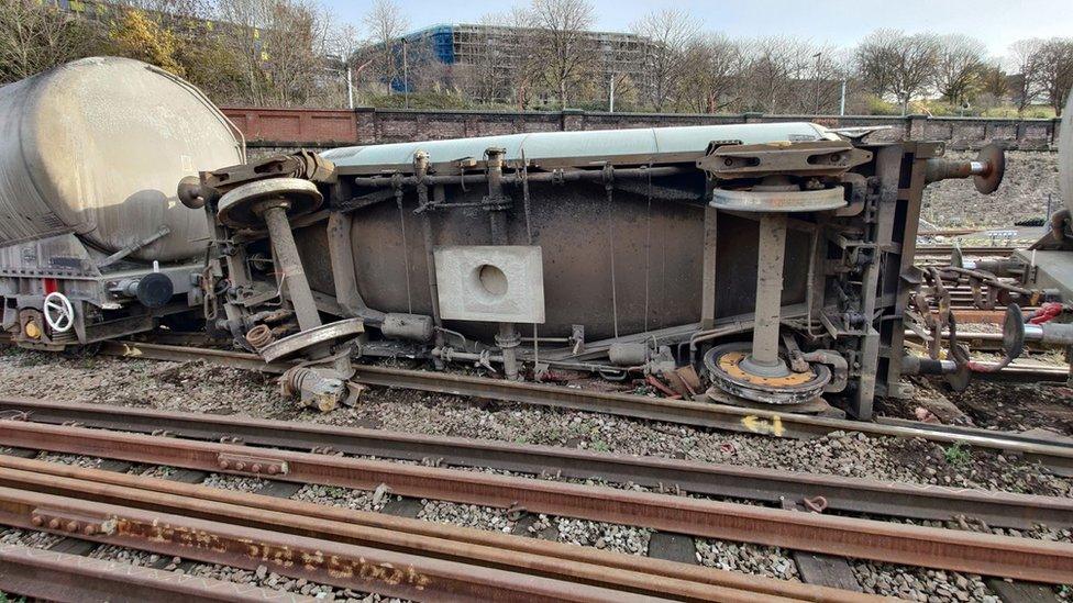 A derailed train