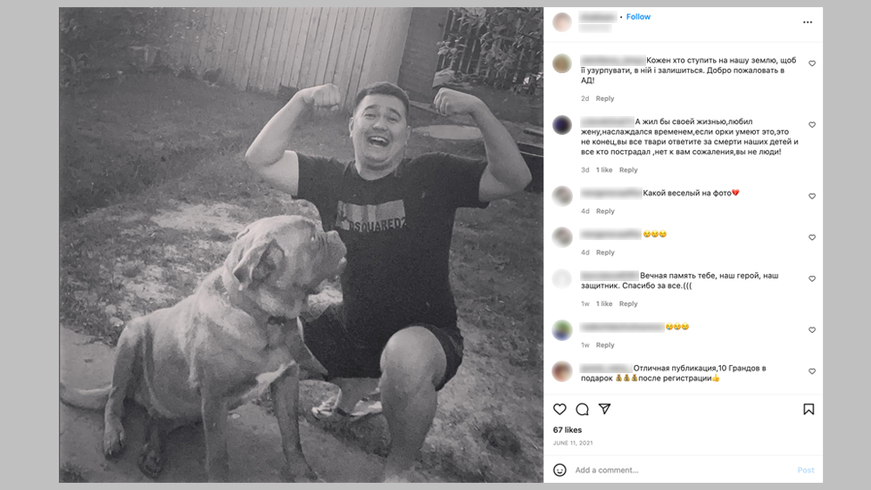 An Instagram post shows Ravshan Zhakbayev, another soldier from the 331 parachute regiment, with his dog