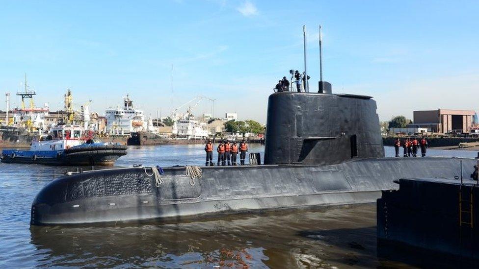 The Argentine military submarine ARA San Juan and crew are seen leaving the port of Buenos Aires, Argentina June 2, 2014