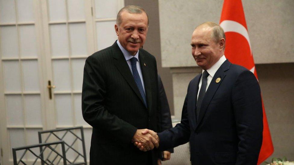 Russian President Vladimir Putin (R) greets Turkish President Recep Tayyip Erdogan (L)