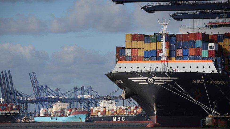 A ship carrying large containers comes in to Felixstowe port