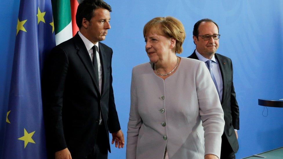 Matteo Renzi, Angela Merkel and Francois Hollande