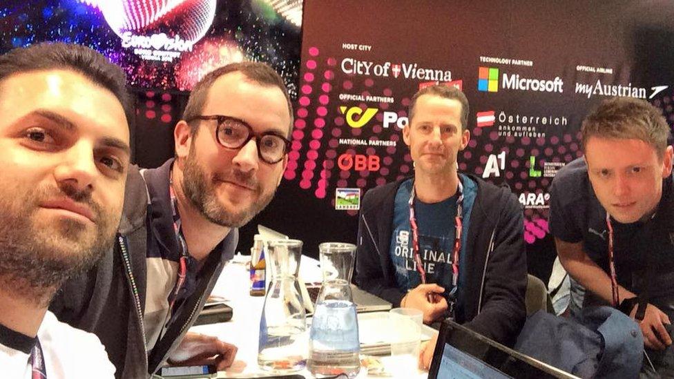 Daniel, second left, in the press centre at Eurovision 2014 in Vienna