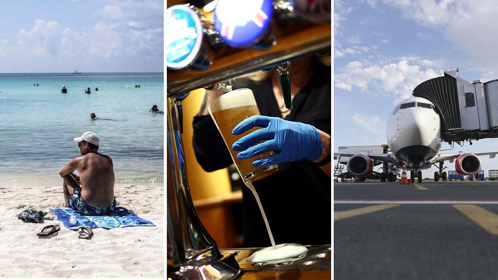 A beach, a pub, a plane