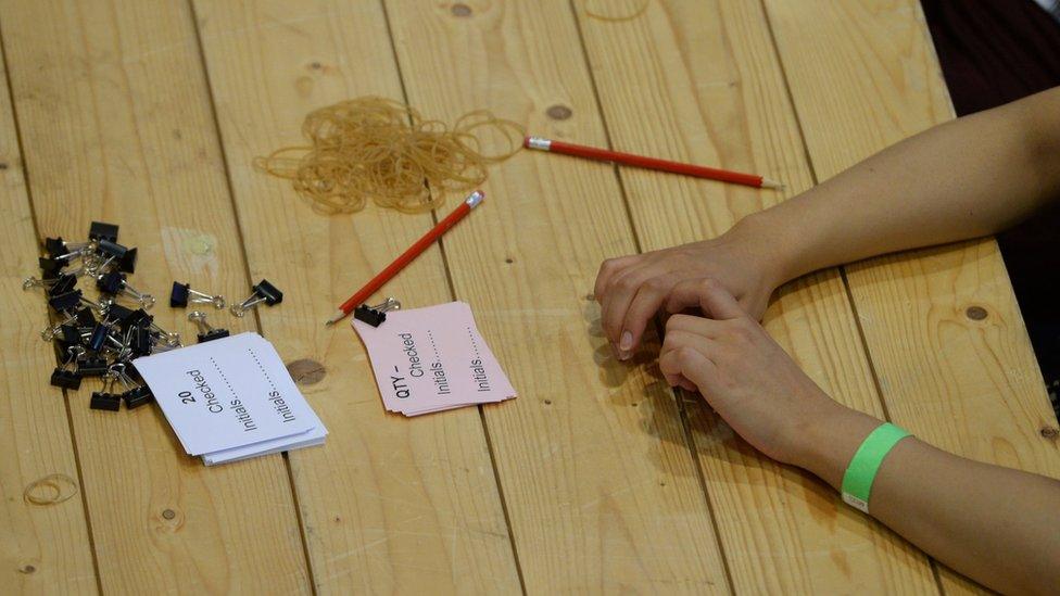 A counter waits for ballot boxes to arrive at the Lindley Hall, Royal Horticultural Halls, London