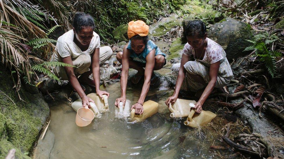 Women collecting water for drinking in East Timor