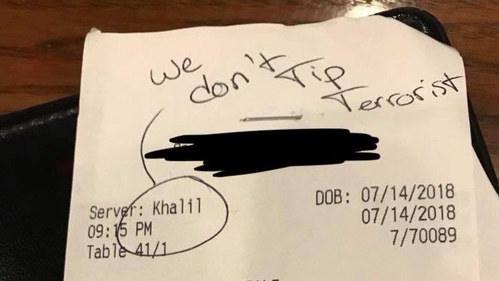 Receipt with the message "We don't tip terrorist (sic)" written at the top