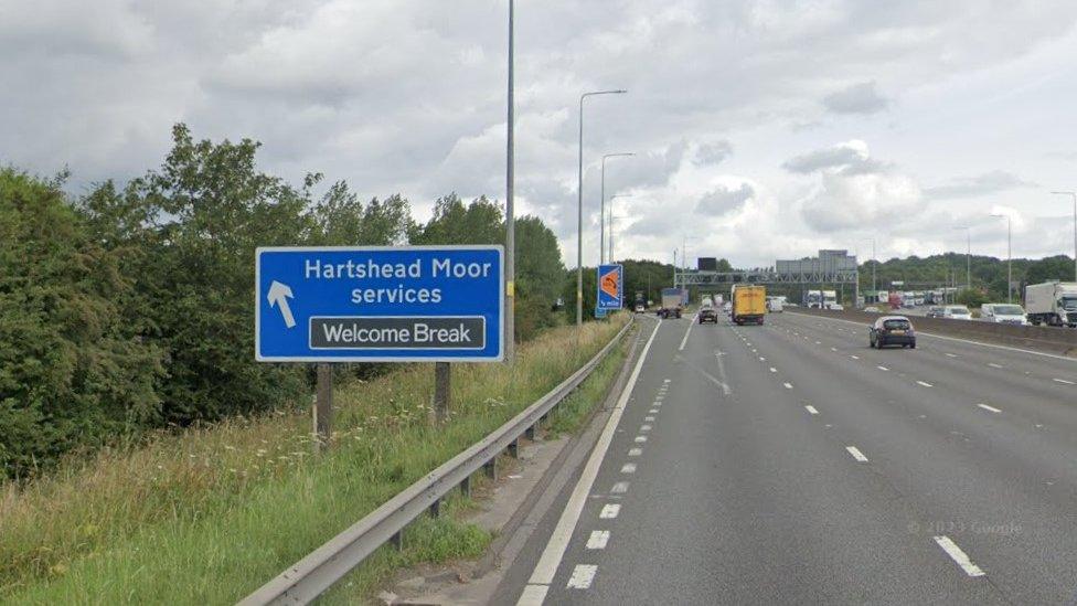 Slip road for Hartshead Moor Services on M62