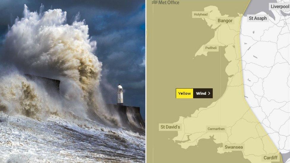 Waves crash on to sea defences at Porthcawl and a Wales map