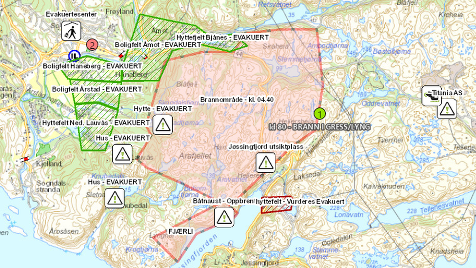 A map shows the area where the fire is burning and the area that has been evacuated