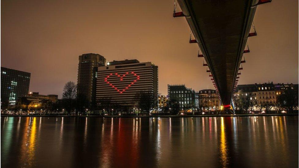 The Intercontinental Hotel with LED lights switched on in some windows Frankfurt am Main, western Germany.