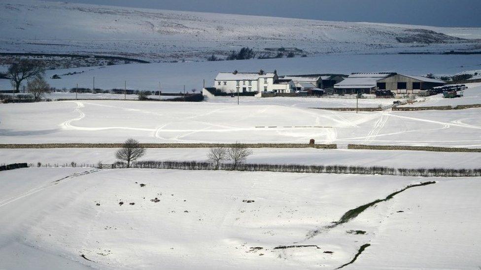 Snow covered fields near Middleton-in-Teesdale, County Durham.