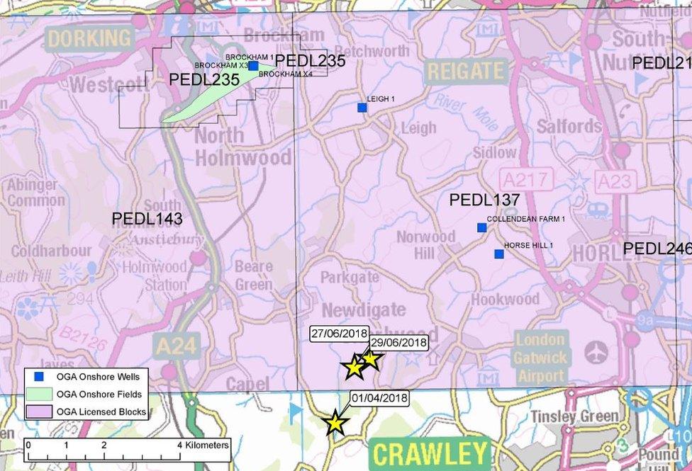 The yellow stars show the epicentres for the earthquakes in April and June 2018. Locations of onshore hydrocarbon wells and fields are also shown