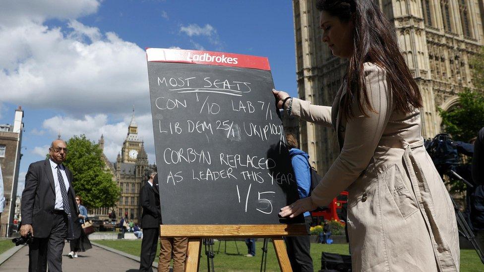 a bookies chalk board marked with odds, besides the Houses of Parliament