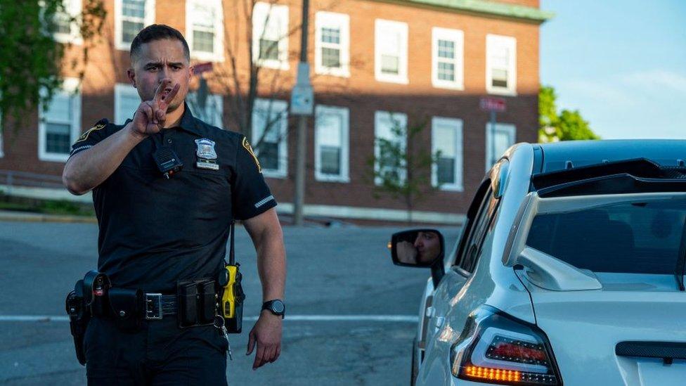 Police officer making a traffic stop in Massachusetts