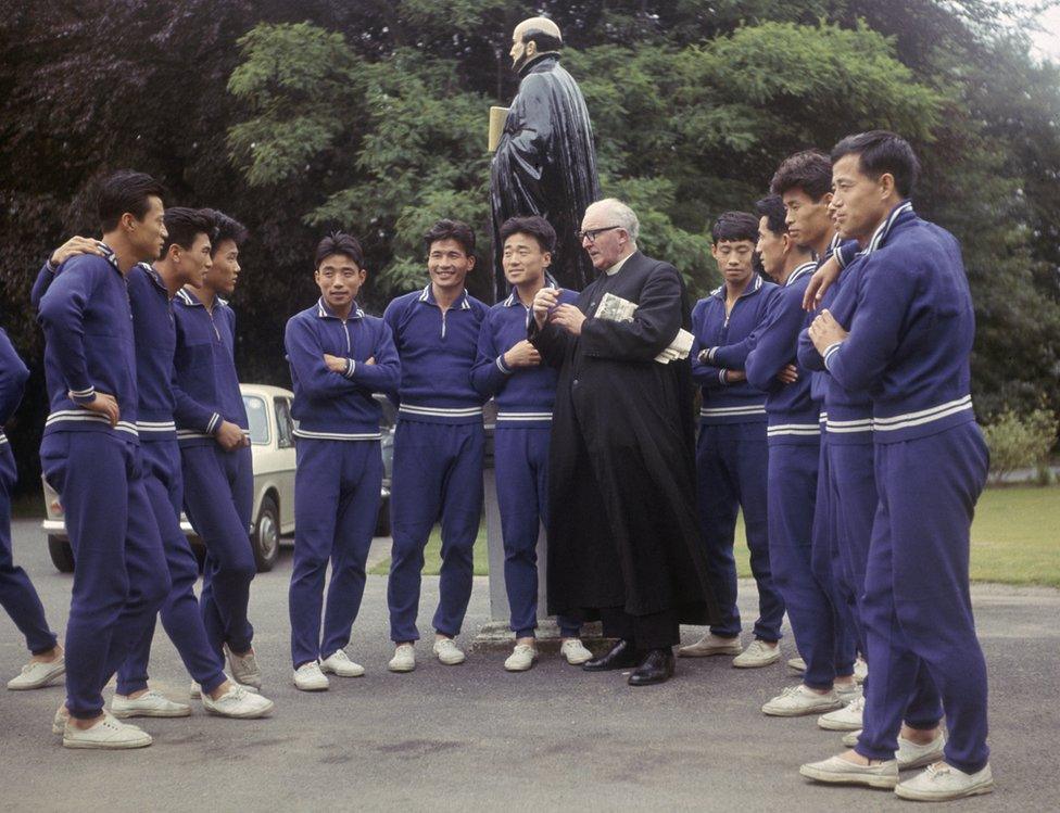 The North Korean team meeting a local religious figure during the 1966 World Cup in England, July 1966