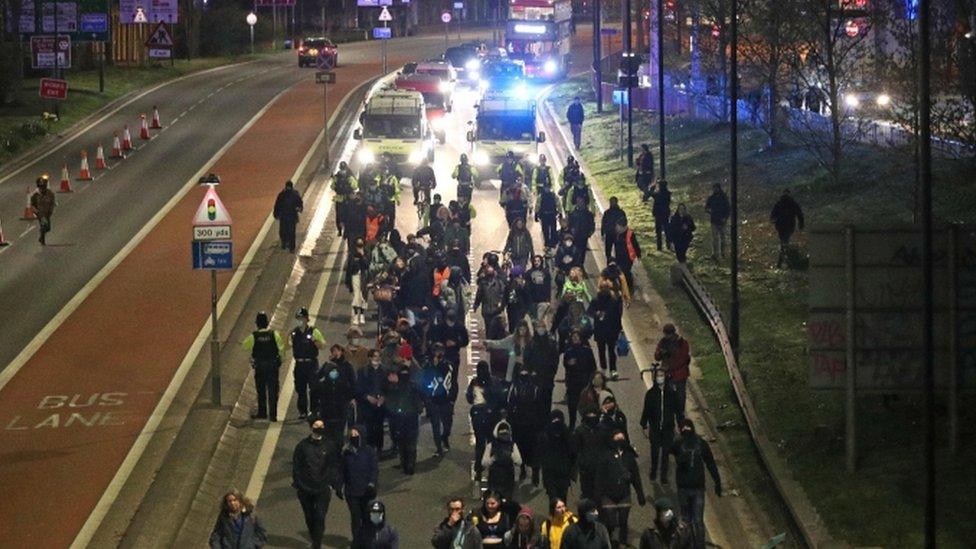 Protesters marching down the M32