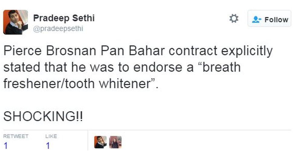 Pierce Brosnan Pan Bahar contract explicitly stated that he was to endorse a "breath freshener/tooth whitener". SHOCKING!