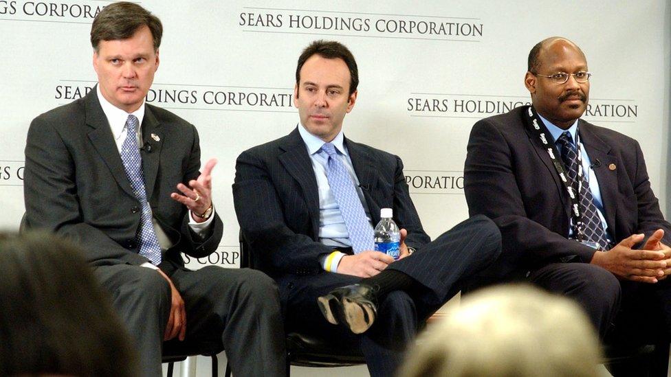 Alan J. Lacy, vice chairman and CEO of Sears Holdings; Edward S. Lampert, chairman, Sears Holdings; and Aylwin B. Lewis, president of Sears Holdings and CEO of Kmart and Sears Retail, answers following approval of the merger of Sears, Roebuck and Co. and Kmart Holding Corporation by shareholders of both companies March 24, 2005