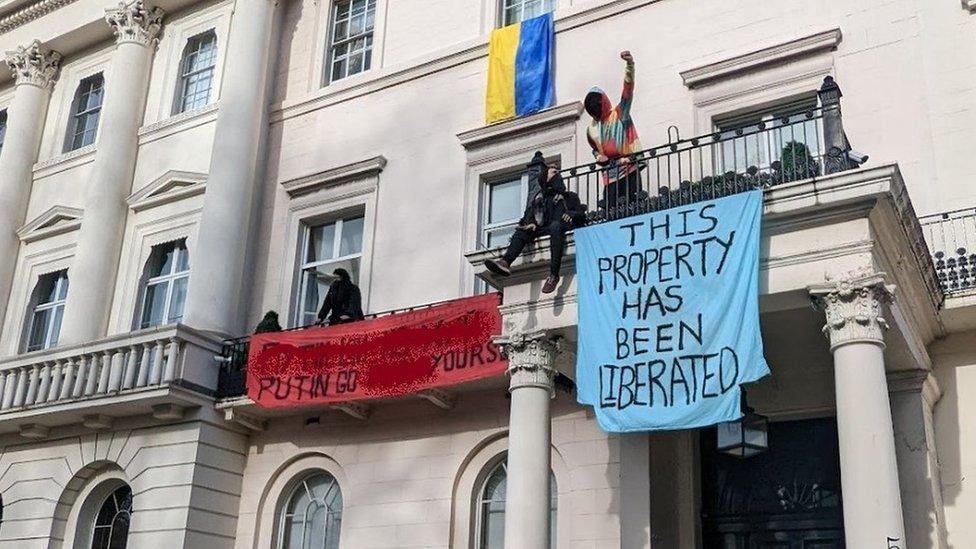 Protesters occupying the building in Belgravia