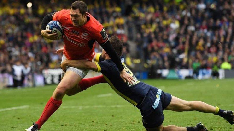 Saracens (red) defended their European Cup trophy successfully in May