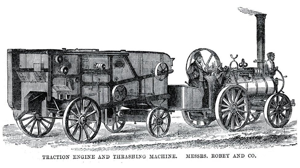 Old traction engine and thrashing machine