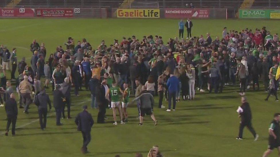 Crowds came onto the pitch after Dungannon Clarkes won their first Tyrone Football title in 64 years