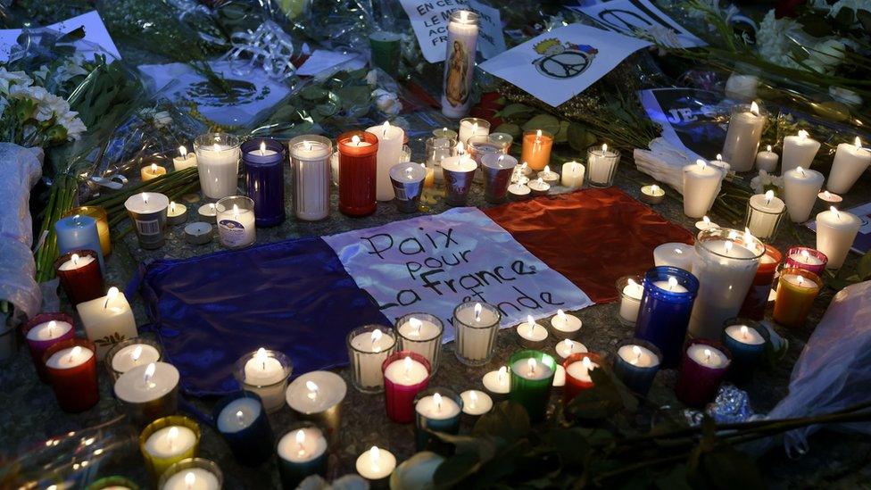 Candles and flowers outside the French embassy in Mexico City. 16 November 2015