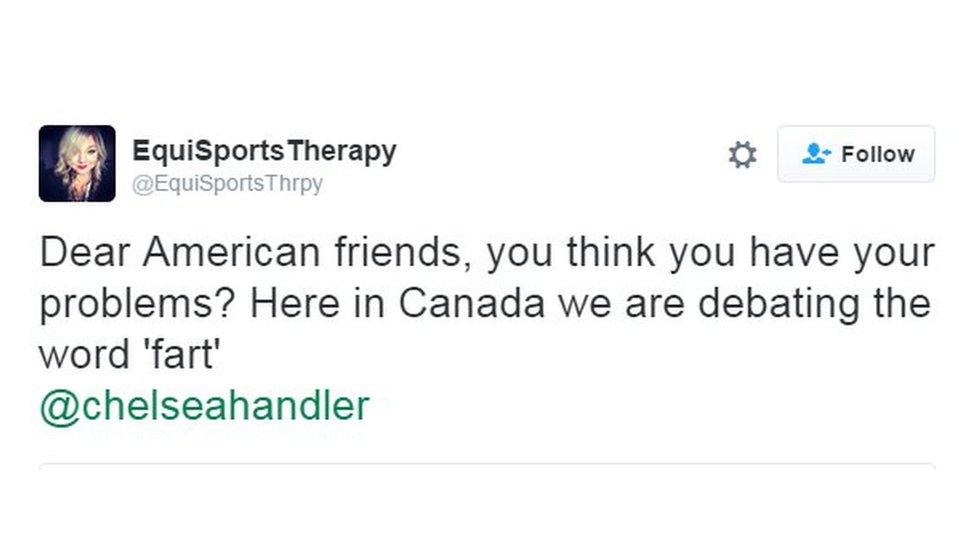 A tweet saying "Dear American friends, you think you have your problems? Here in Canada we are debating the word 'fart'