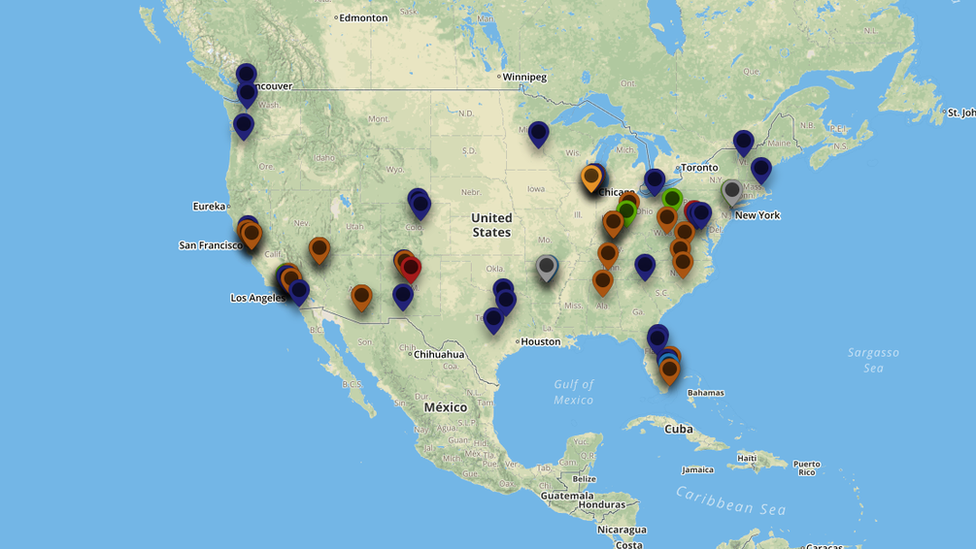 A map showing examples of voter intimidation in the US