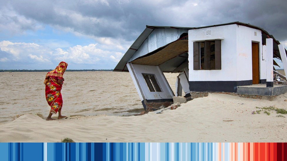 A woman in Bangladesh by her destroyed home in a composite graphic image