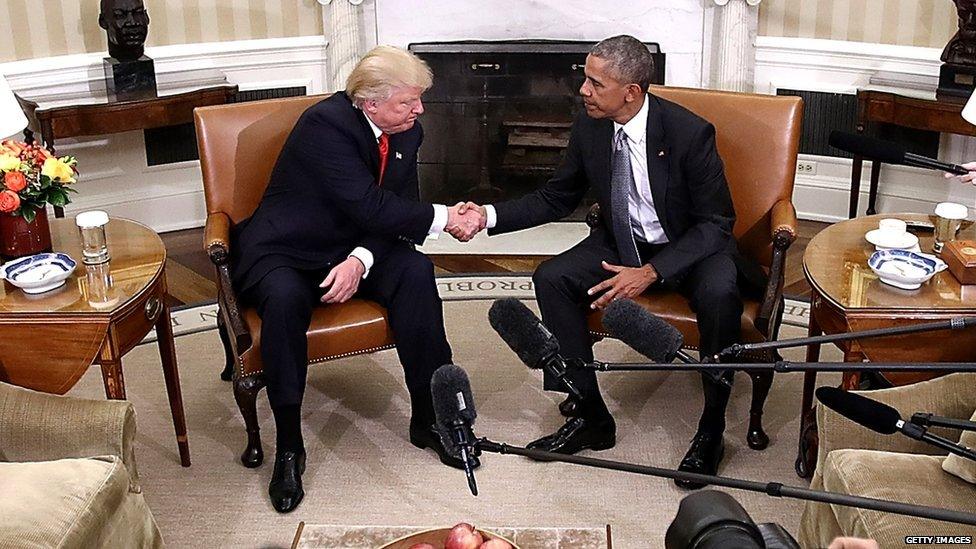 Trump shaking hands with Obama