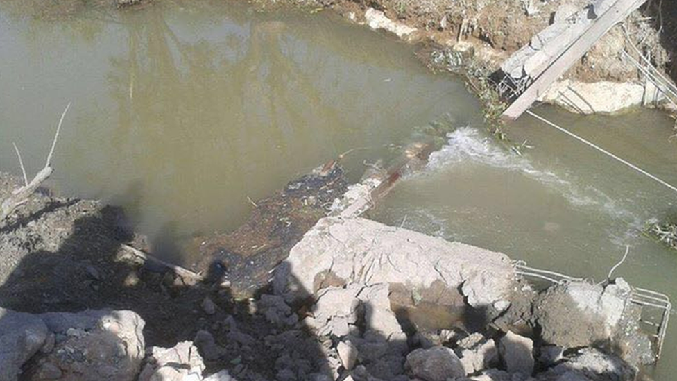Photo purportedly showing bridge damaged by air strikes in northern Syria