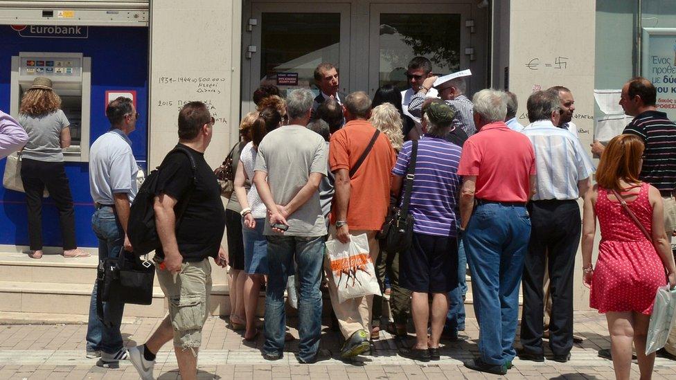 Crowd outside bank in Athens. 6 July 2015