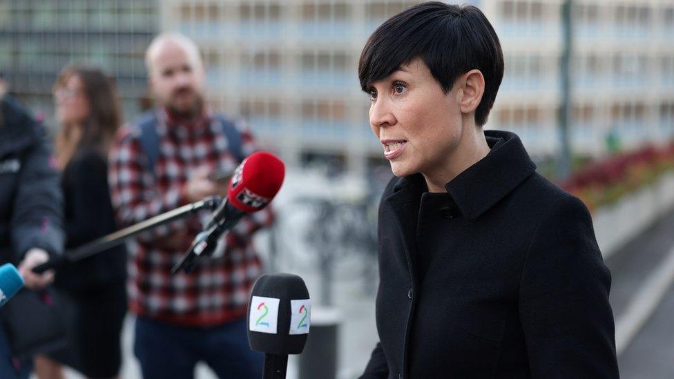 Norway's Foreign Minister Ine Marie Eriksen Soreide talks to the media outside the Ministry of Foreign Affairs on 13 October