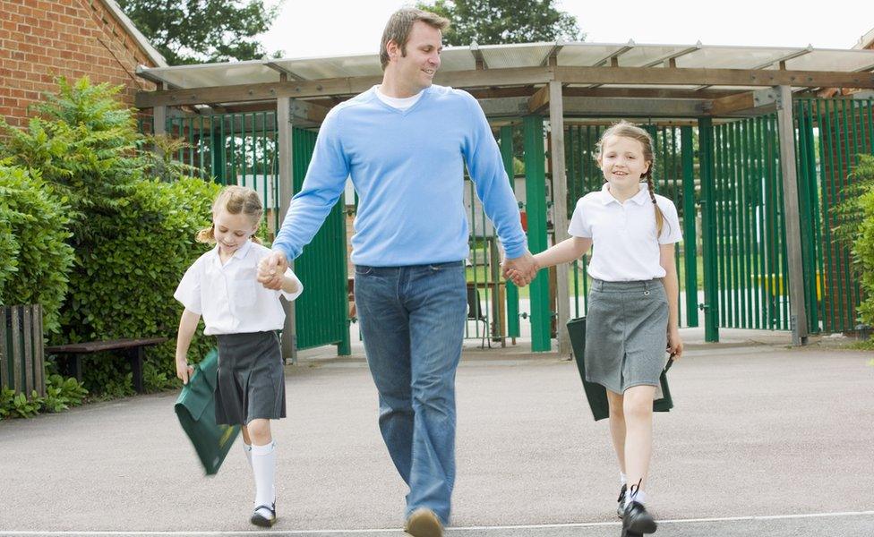 Father walking children to school