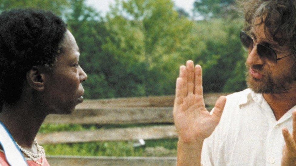 Steven Spielberg and Whoopi Goldberg on the set of The Color Purple