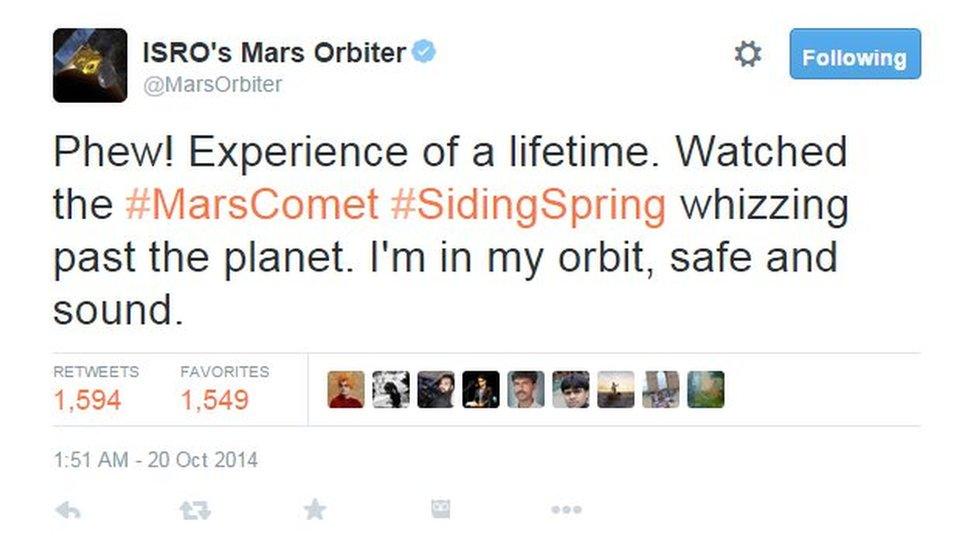 Phew! Experience of a lifetime. Watched the #MarsComet #SidingSpring whizzing past the planet. I'm in my orbit, safe and sound.