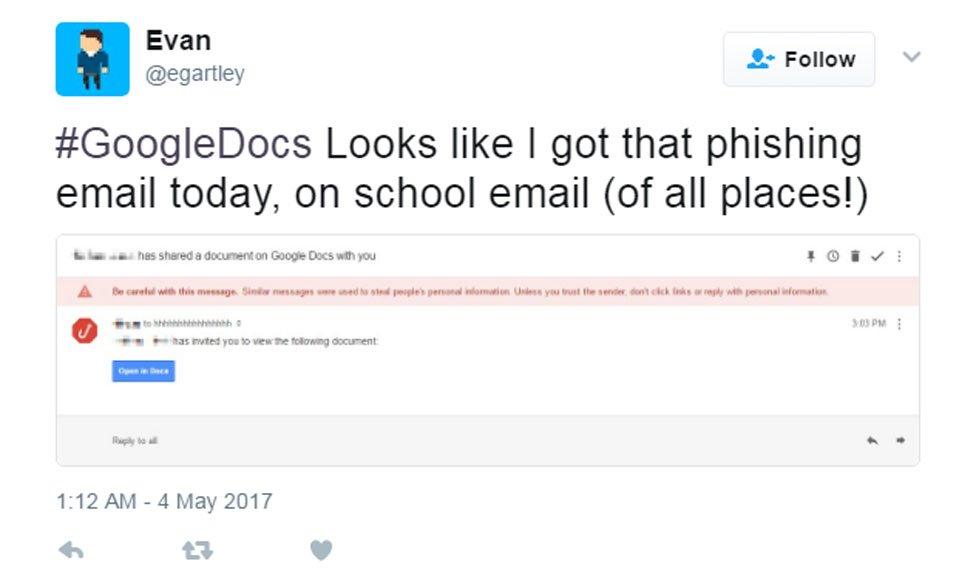 Tweet from student who received Google Docs phishing email from their school