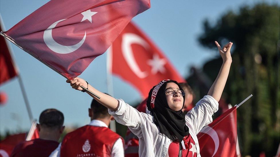 Erdogan supporter marking defeat of 2016 coup, 15 Jul 18