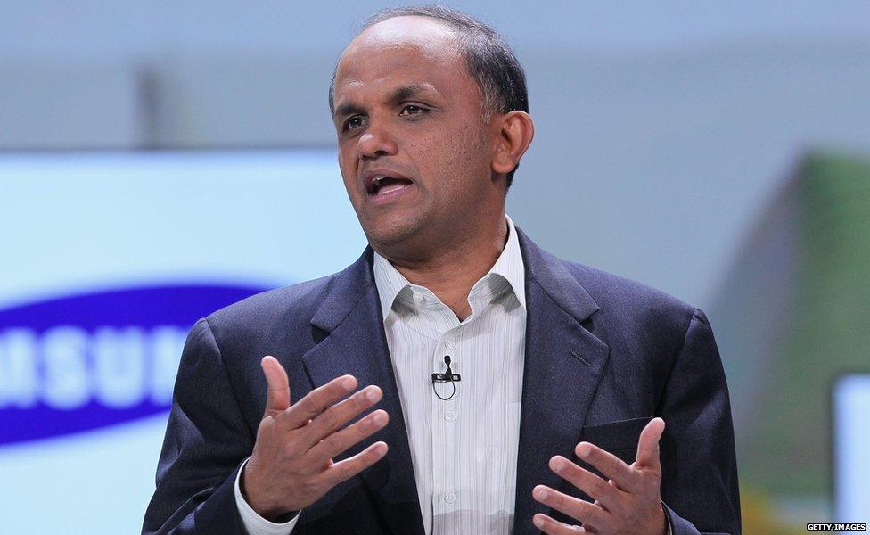 Adobe CEO Shantanu Narayen speaks during a keynote address by Samsung President and General Manager of Visual Display Business Boo-Keun Yoon at the 2011 International Consumer Electronics Show at the Las Vegas Hilton January 6, 2011