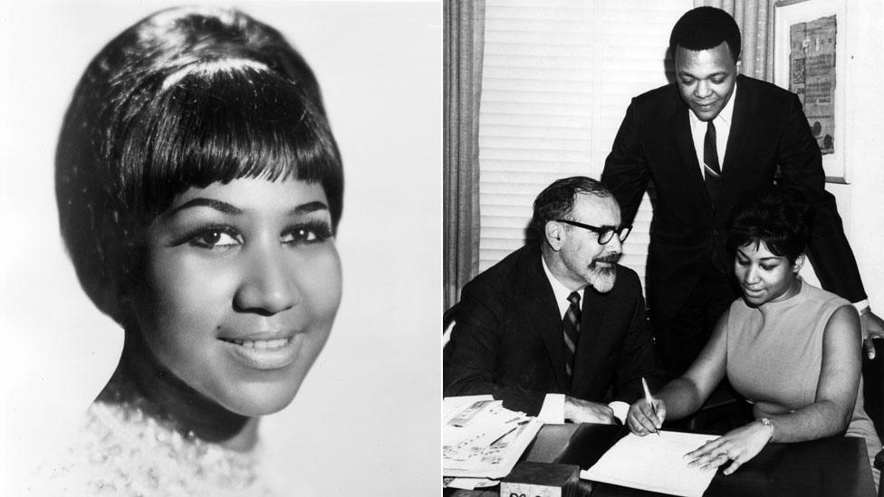 Aretha Franklin in portrait and with Jerry Wexler and her manager