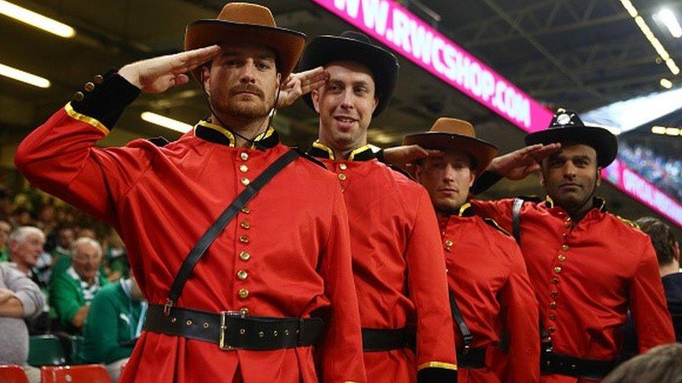 Canadian rugby fans dressed as Mounties at their game v Ireland in Cardiff